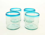 Set of 4, Handmade Mexican Aqua Rimmed Rocks Glasses, Recycled Glass-14-16 Ounces