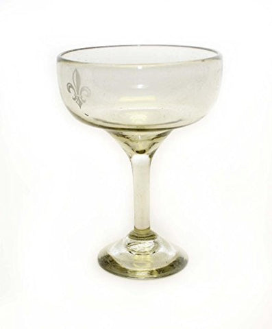 Set of 4, Clear Margarita Glasses with Etched Fleur De Lis, 14 Ounces, Recycled Glass