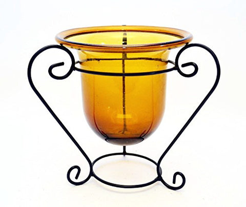 Handmade Iron Stand with Amber Glass Bowl-10 1/2 Inches High X 11 Inches Wide