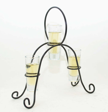Tequila Flight Iron Stand with 3 Shot Glasses-11 Inches Tall
