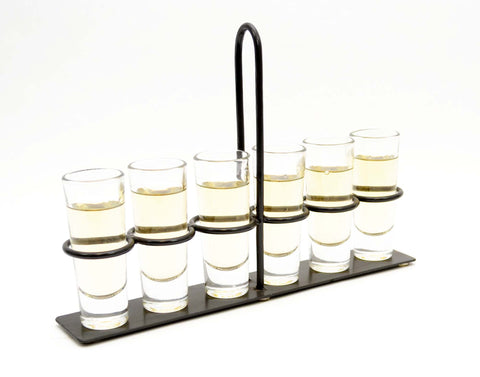 Tequila Flight Iron Stand with 6 Shooter Glasses-11.75 Inches Long