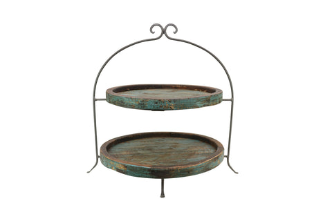 Laredo Import Iron & Rustic Wood Two Tier Buffet Platter Stand-20.5 Inches High X 18.25 Inches Wide, w/ Green Wood