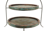 Laredo Import Iron & Rustic Wood Two Tier Buffet Platter Stand-20.5 Inches High X 18.25 Inches Wide, w/ Green Wood