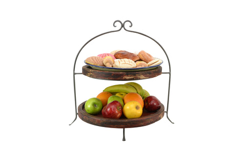 Laredo Import Iron & Rustic Wood Two Tier Buffet Platter Stand-20.5 Inches High X 18.25 Inches Wide, w/ Red Wood