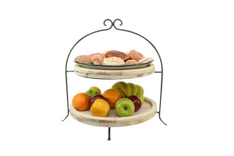 Laredo Import Iron & Rustic Wood Two Tier Buffet Platter Stand-20.5 Inches High X 18.25 Inches Wide, w/ White Wood