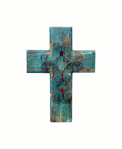 Laredo Import Rustic Reclaimed Wood Wall Cross w/Metal Cross in Front-15 Inches Tall by 10.5 Inches Wide. Rustic Green Color.