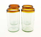 Set of 4, Amber Rimmed Ice Tea Glasses, 20 Ounces, Recycled Glass, Handmade