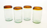 Set of 4, Amber Rimmed Ice Tea Glasses, 20 Ounces, Recycled Glass, Handmade