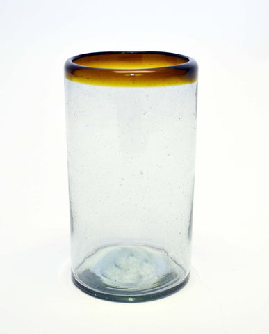 Set of 4, Amber Rimmed Ice Tea Glasses, 20 Ounces, Recycled Glass, Handmade