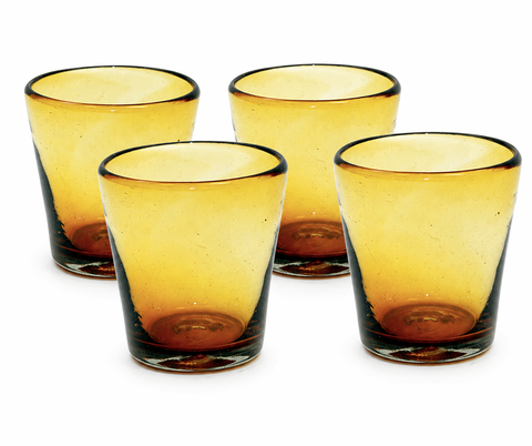 Set of 4, Handmade Mexican Amber Rocks Glasses, Recycled Glass-4 Inches High, 12 Ounces
