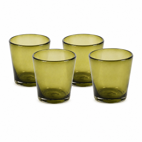 Set of 4, Handmade Mexican Olive Green Rocks Glasses, Recycled Glass-4 Inches High, 12 Ounces