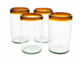 Set of 4, Amber Rimmed Ice Tea Glasses, 20 Ounces, Recycled Glass, Handmade
