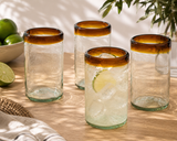 Set of 4, Amber Rimmed Ice Tea Glasses, 20 Ounces, Recycled Glass, Handmade