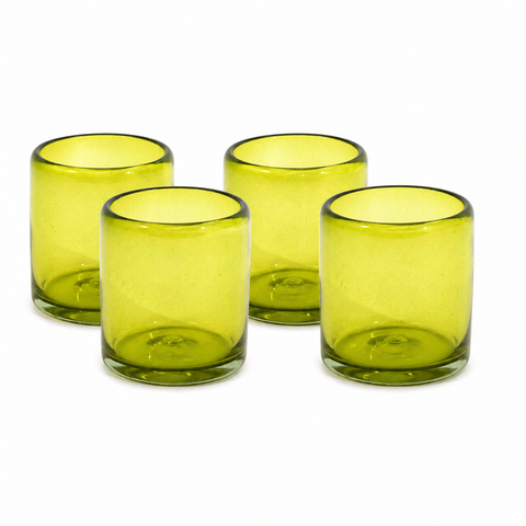 Set of 4, Handmade Mexican Lemon Lime Rocks Glasses Recycled Glass, 12 Ounces