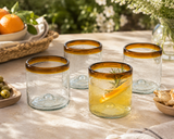 Set of 4, Amber Rim Double Old Fashioned Rocks Glasses, 14-16 Ounces, Recycled Glass, Handmade
