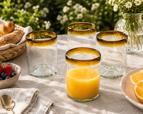 Set of 4, Amber Rimmed Cocktail/Juice Glass, 10-12 ounces, Recycled Glass