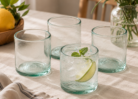 Set of 4, Recycled Clear Double Old Fashioned Rocks Glasses, 14-16 Ounces, Recycled Glass, Handmade