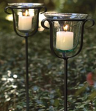 Set of 2, Iron Garden Stakes with Glass Inserts, Black-27 Inches Tall