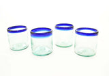 Set of 4, Handmade Mexican Blue Rimmed Rocks Glasses Recycled Glass, 14-16 Ounces