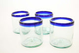 Set of 4, Handmade Mexican Blue Rimmed Rocks Glasses Recycled Glass, 14-16 Ounces