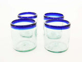 Set of 4, Handmade Mexican Blue Rimmed Rocks Glasses Recycled Glass, 14-16 Ounces