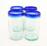 Set of 4, Blue Rimmed Ice Tea Glasses, 20 Ounces, Recycled Glass, Handmade