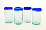 Set of 4, Blue Rimmed Ice Tea Glasses, 20 Ounces, Recycled Glass, Handmade