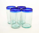 Set of 4, Blue Rimmed Ice Tea Glasses, 20 Ounces, Recycled Glass, Handmade