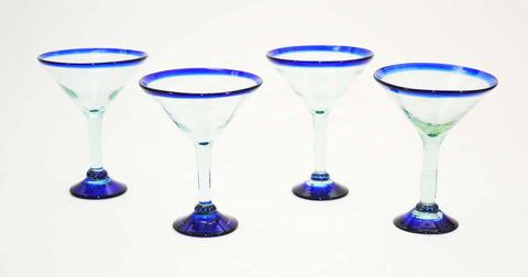 Set of 4, Blue Rimmed Martini Glasses, 12 Ounces, Recycled Glass