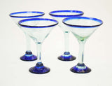 Set of 4, Blue Rimmed Martini Glasses, 12 Ounces, Recycled Glass