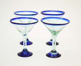 Set of 4, Blue Rimmed Martini Glasses, 12 Ounces, Recycled Glass