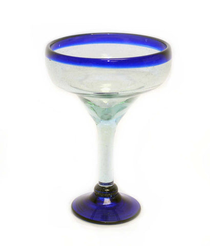 Set of 4, Blue Rim Margarita Glasses, Recycled Glass-14-16 Ounces