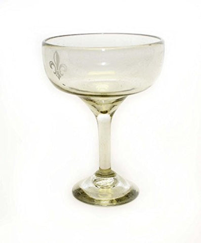 Set of 4, Clear Margarita Glasses with Etched Fleur De Lis, Recycled Glass-14 Ounces