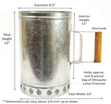 Charcoal Chimney Starter w/ Wood Handle,  Galvanized Tin 13 Inches Tall