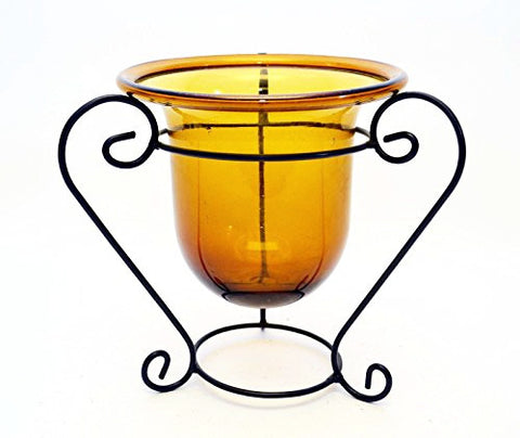 Handmade Iron Stand with Amber Glass Bowl-10 1/2 Inches High x 11 Inches Wide