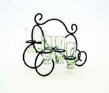 Wrought Iron Bottle Holder w/ 6 Clear Shot Glasses Set-11 Inches Wide x 8.5 Inches Wide