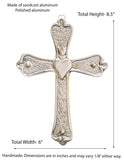 Polished  Aluminum Wall Cross w/ Heart -8.5 Inches High
