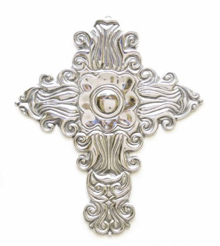 Polished Aluminum Cross With Button and Waves Pattern-14 Inches High