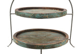 Laredo Import Iron & Rustic Wood Two Tier Buffet Platter Stand-20.5 Inches High x 18.25 Inches Wide, w/ Green Wood