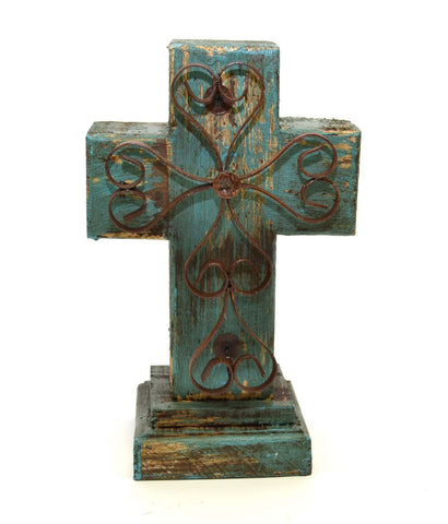 Rustic Reclaimed Wood Cross w/ Metal Cross in Front-12 Inches High by 7.5 Inches Wide by 5 Inches Deep. Rustic Green Finish