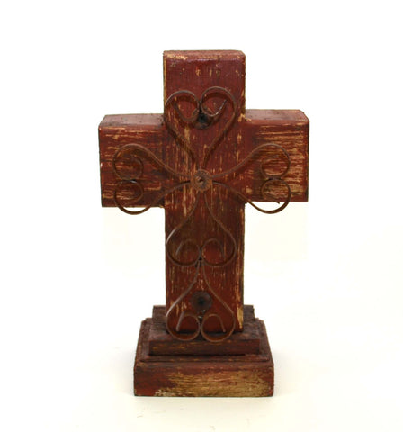 Rustic Reclaimed Wood Cross w/ Metal Cross in Front-12 Inches High by 7.5 Inches Wide by 5 Inches Deep. Rustic Red Finish