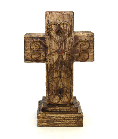 Rustic Reclaimed Wood Cross w/ Metal Cross in Front-12 Inches High by 7.5 Inches Wide by 5 Inches Deep. Rustic White Finish