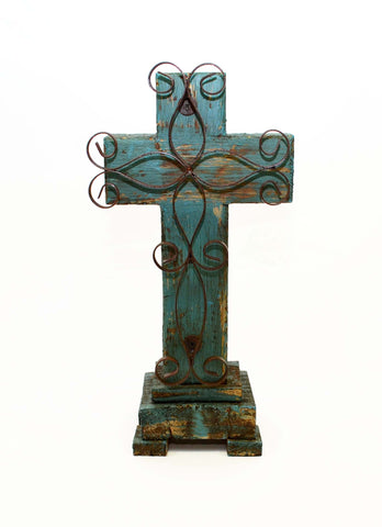 Rustic Reclaimed Wood Cross w/ Metal Cross in Front-16.5 Inches High by 8 Inches Wide by 5 Inches Deep. Rustic Green Finish