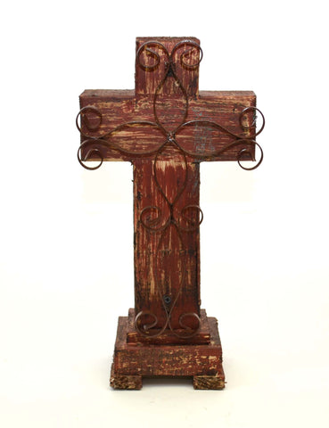 Rustic Reclaimed Wood Cross w/ Metal Cross in Front-16.5 Inches High by 8 Inches Wide by 5 Inches Deep. Rustic Red Finish