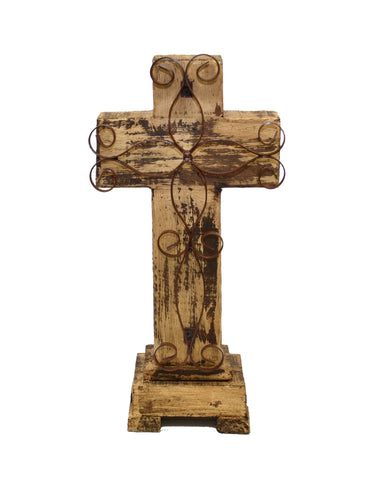 Rustic Reclaimed Wood Cross w/ Metal Cross in Front-16.5 Inches High by 8 Inches Wide by 5 Inches Deep. Rustic White Finish