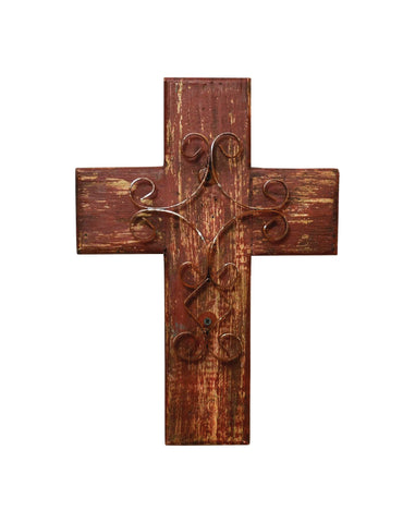Laredo Import Rustic Reclaimed Wood Wall Cross w/Metal Cross in Front-15 Inches Tall by 10.5 Inches Wide. Rustic Red Color.