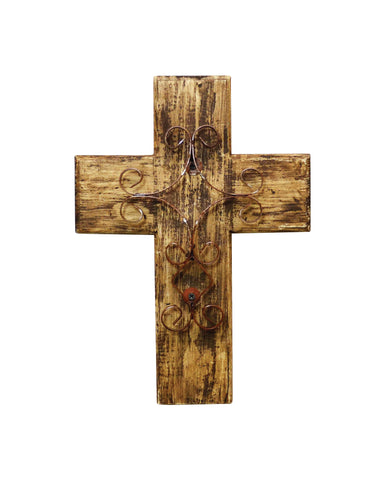 Rustic Reclaimed Wood Wall Cross w/ Metal Cross in Front-15 Inches Tall by 10.5 Inches Wide. Rustic White Color.