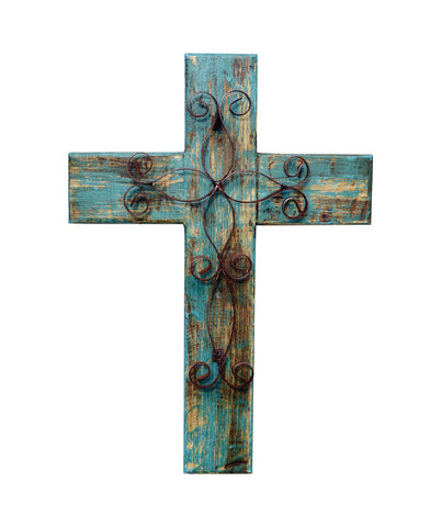Laredo Import Rustic Reclaimed Wood Wall Cross w/Metal Cross in Front-19.5 Inches Tall by 14.5 Inches Wide. Rustic Green Color.