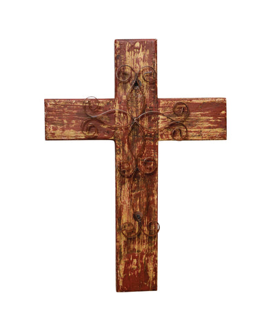 Rustic Reclaimed Wood Wall Cross w/ Metal Cross in Front-19.5 Inches Tall by 14.5 Inches Wide. Rustic Red Color