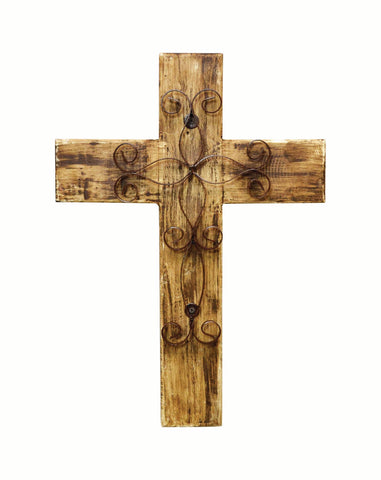 Rustic Reclaimed Wood Wall Cross w/ Metal Cross in Front-19.5 Inches Tall by 14.5 Inches Wide. Rustic White Color.